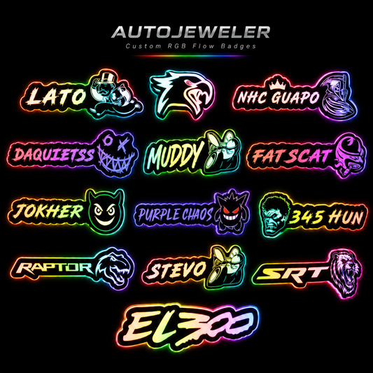 AutoJeweler custom RGB flow badges with rainbow LED glow arranged on a black background, featuring illuminated personalized automotive badge designs.