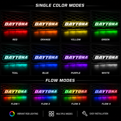 Daytona Flow Series RGB LED grille emblem comparison chart showing solid color modes and dynamic flow patterns including red blue green white and rainbow modes