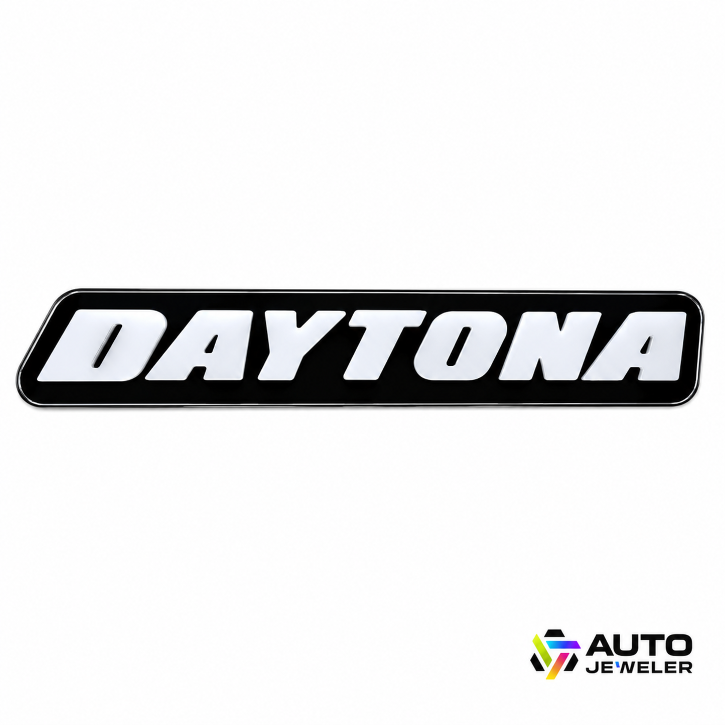 AutoJeweler Daytona LED grille emblem with gloss black face and white lettering shown unlit on white background