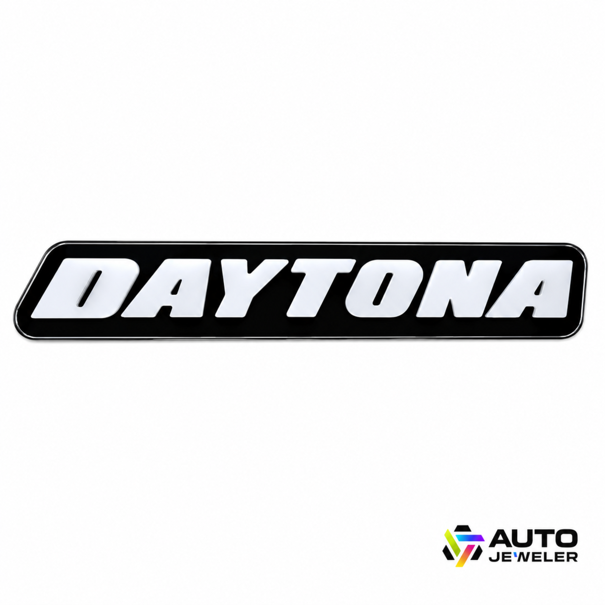 AutoJeweler Daytona LED grille emblem with gloss black face and white lettering shown unlit on white background