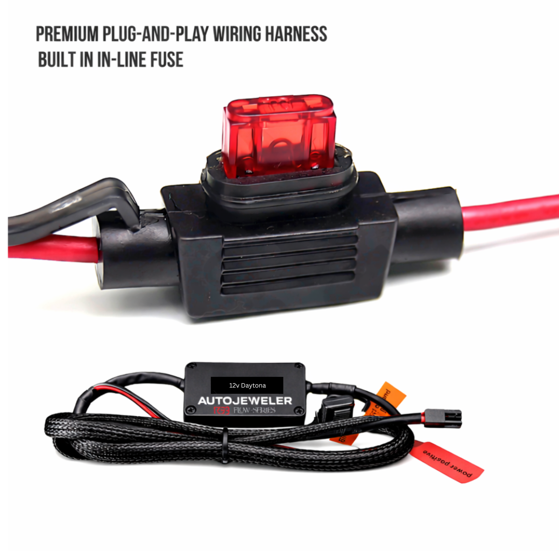 AutoJeweler premium plug and play wiring harness with inline fuse and RGB Flow Series controller for Daytona LED grille emblem installation