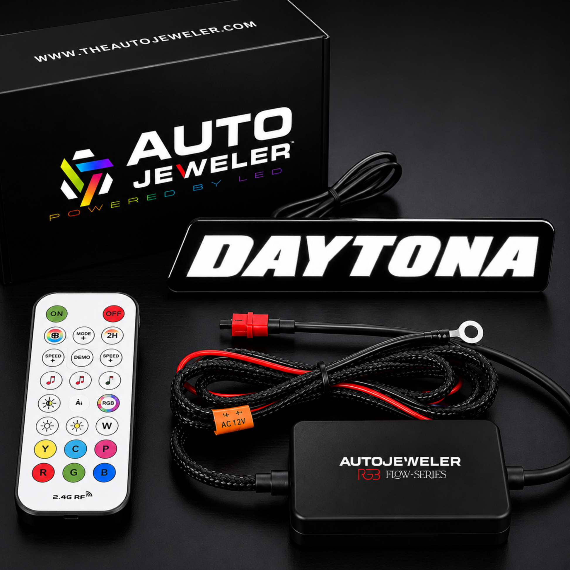 AutoJeweler Daytona RGB Flow Series complete kit including LED emblem controller wiring harness remote and packaging box