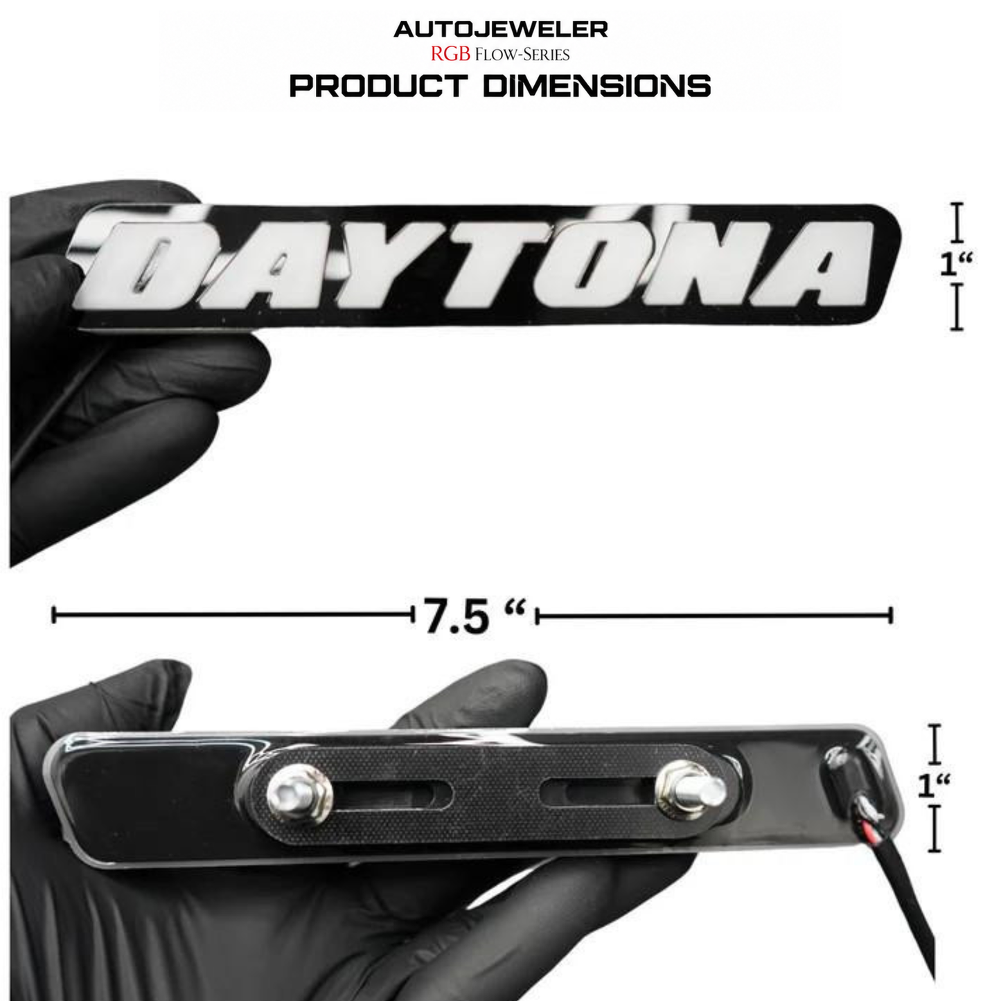 AutoJeweler Daytona RGB Flow Series grille emblem dimensions showing 7.5 inch width adjustable mounting bracket and wiring harness