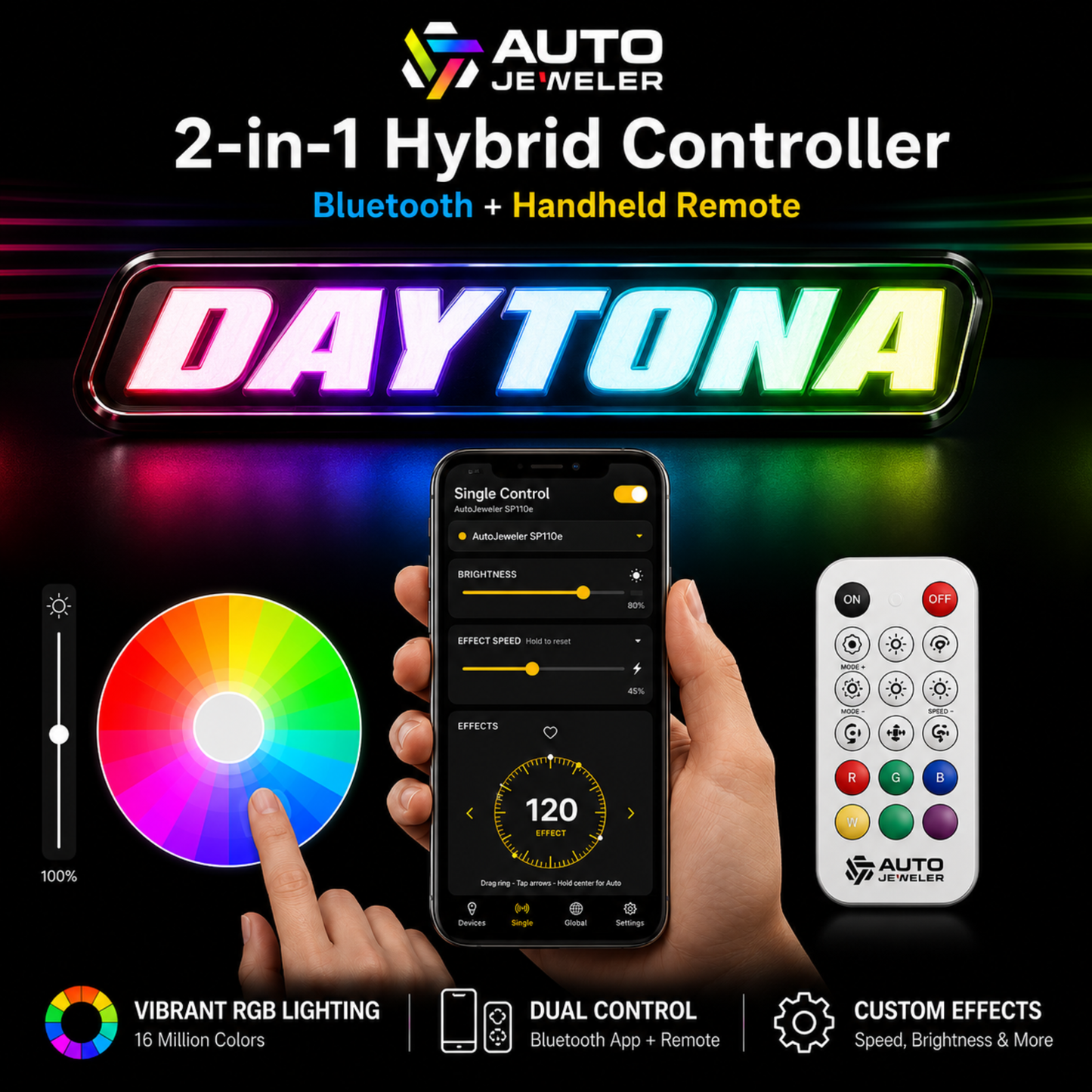 AutoJeweler Daytona RGB Flow Series hybrid controller graphic showing Bluetooth app control handheld remote and customizable RGB lighting modes