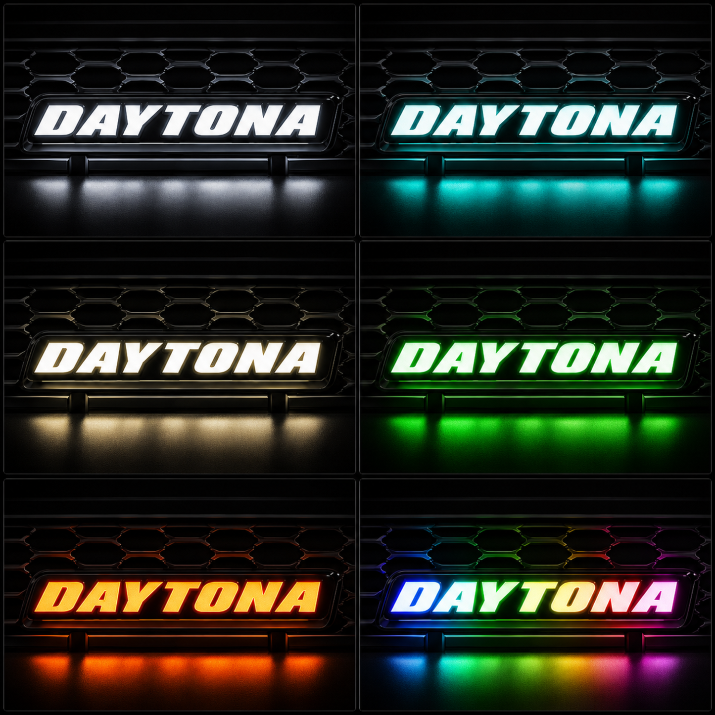 Daytona RGB LED grille emblem showing multiple solid color modes and rainbow flow lighting effects