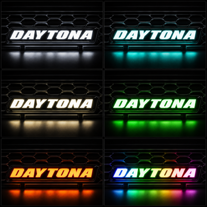 Daytona RGB LED grille emblem showing multiple solid color modes and rainbow flow lighting effects