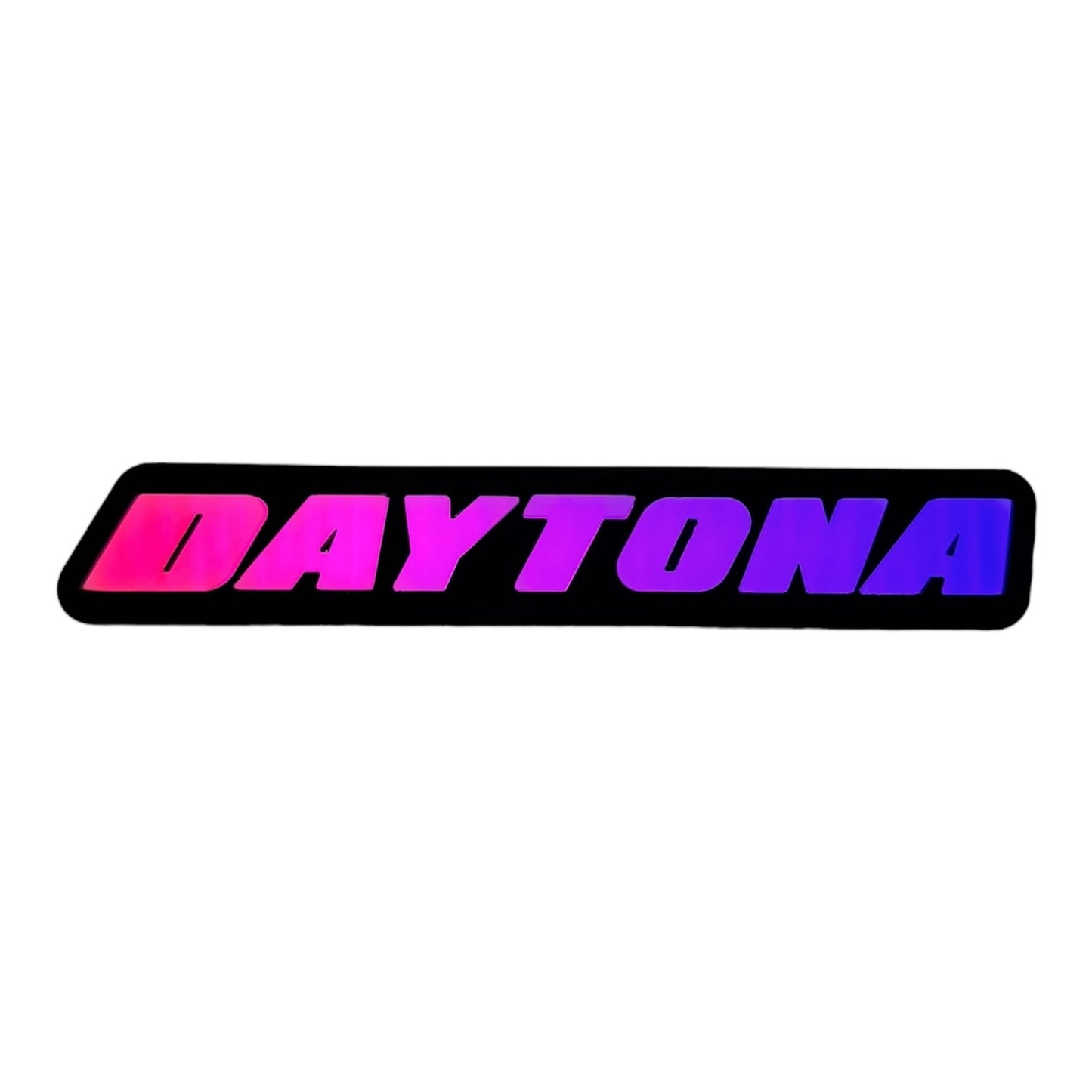 Daytona RGB LED grille emblem displaying pink and purple gradient lighting on white background
