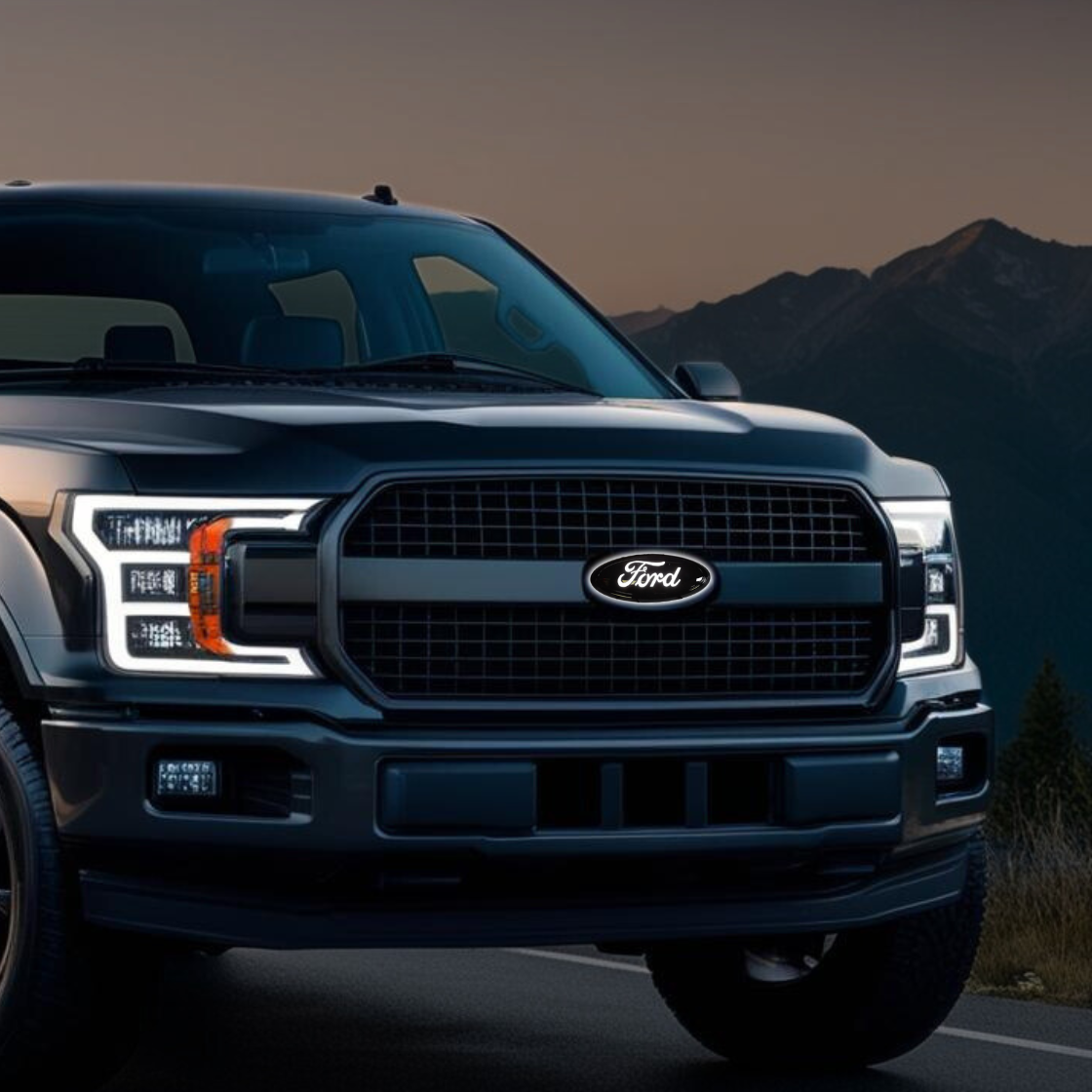 AutoJeweler 9-inch Ford LED grille emblem installed on F-150, letters lit white, mountains at dusk