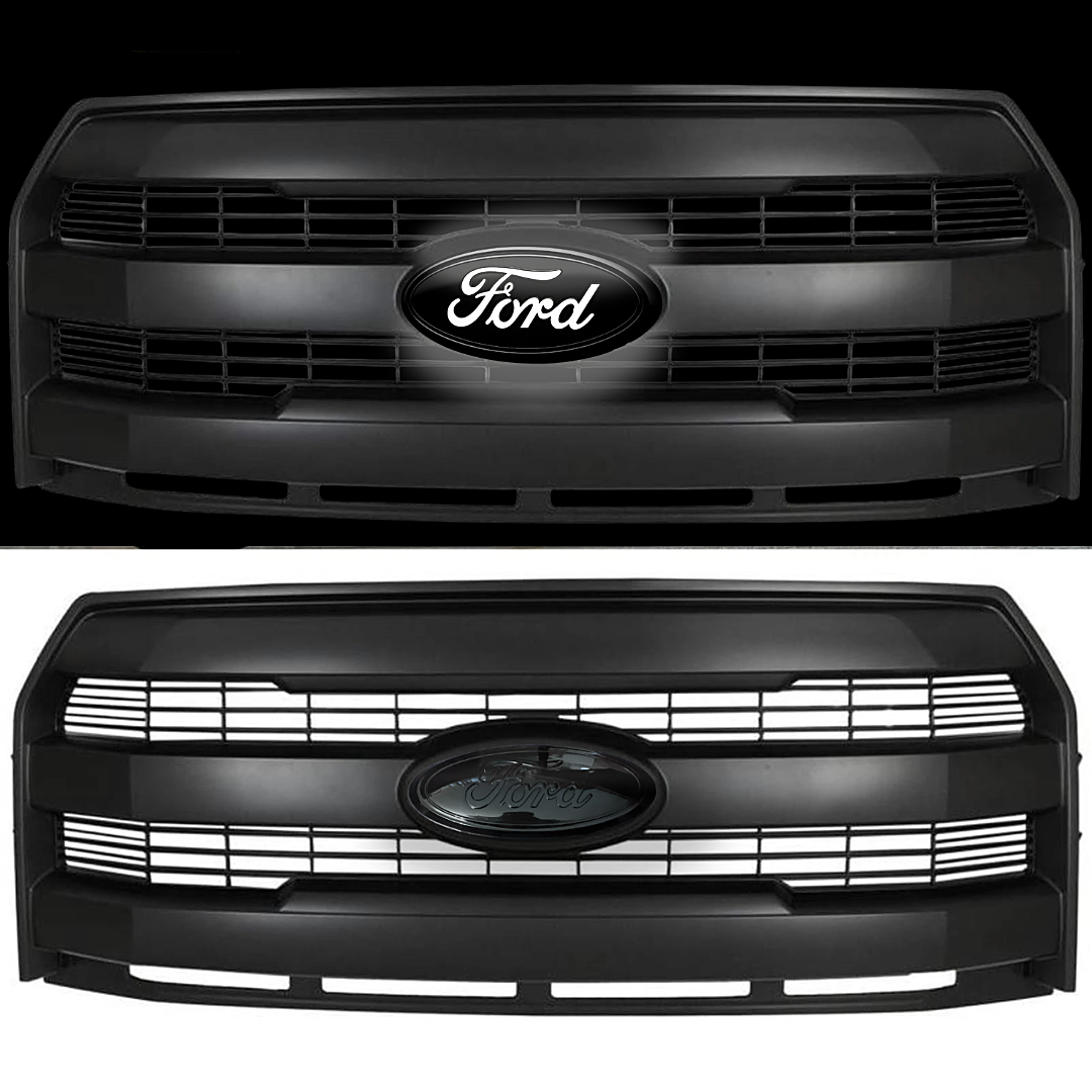 Ford F-150 grille showing AutoJeweler LED emblem lit on top and powered off on bottom for comparison.