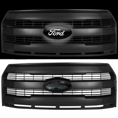 Ford F-150 grille showing AutoJeweler LED emblem lit on top and powered off on bottom for comparison.