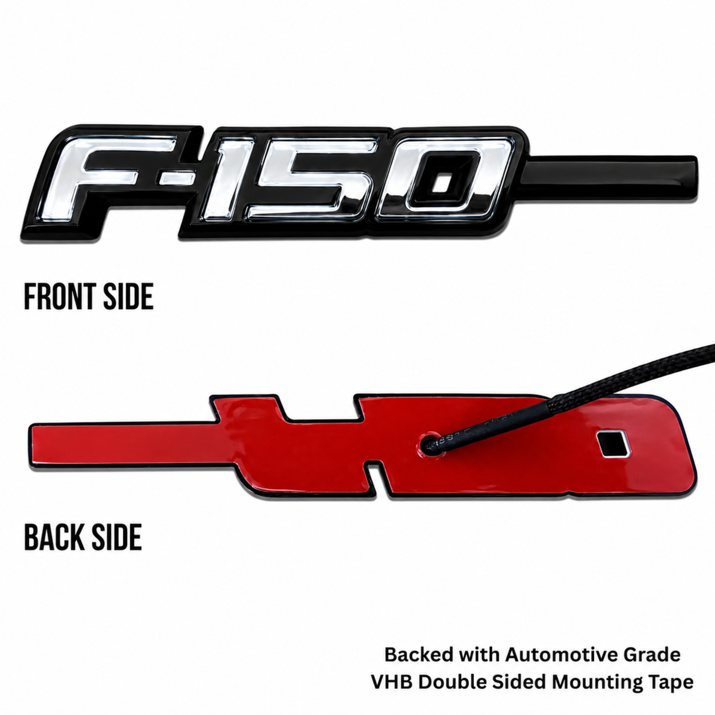 2009-2014 Ford F150 LED side fender emblems with front and back side views on a white background