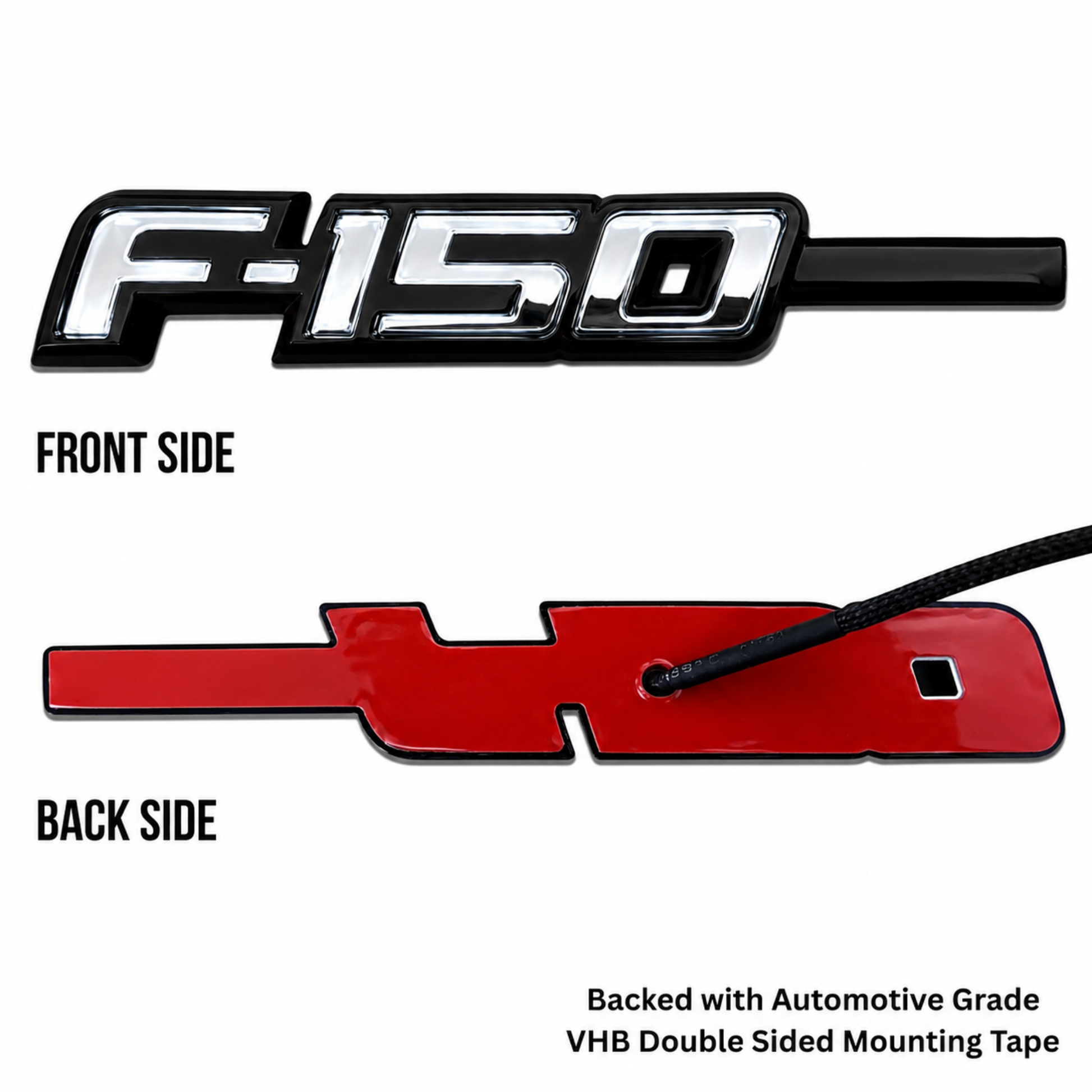 2009-2014 Ford F150 LED side fender emblems with front and back side views on a white background