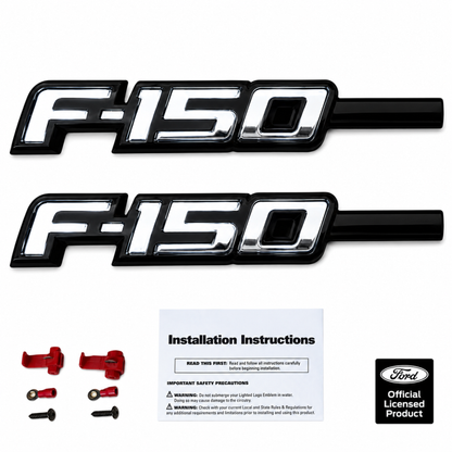 Two F-150 emblems with installation instructions and Ford logo on a white background