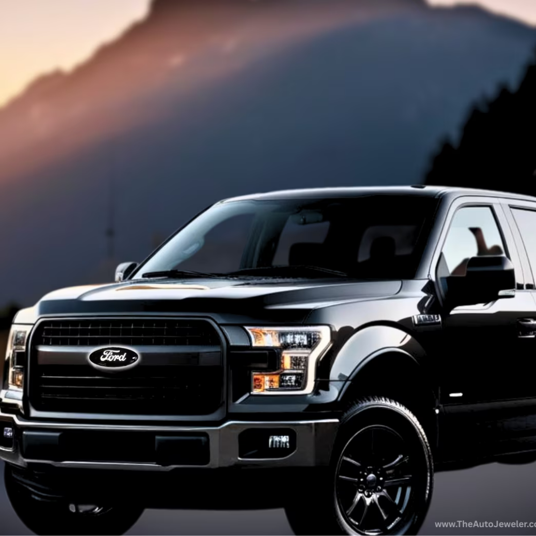 Ford F-150 front end with AutoJeweler 9-inch LED grille emblem installed; clean OEM look at dusk