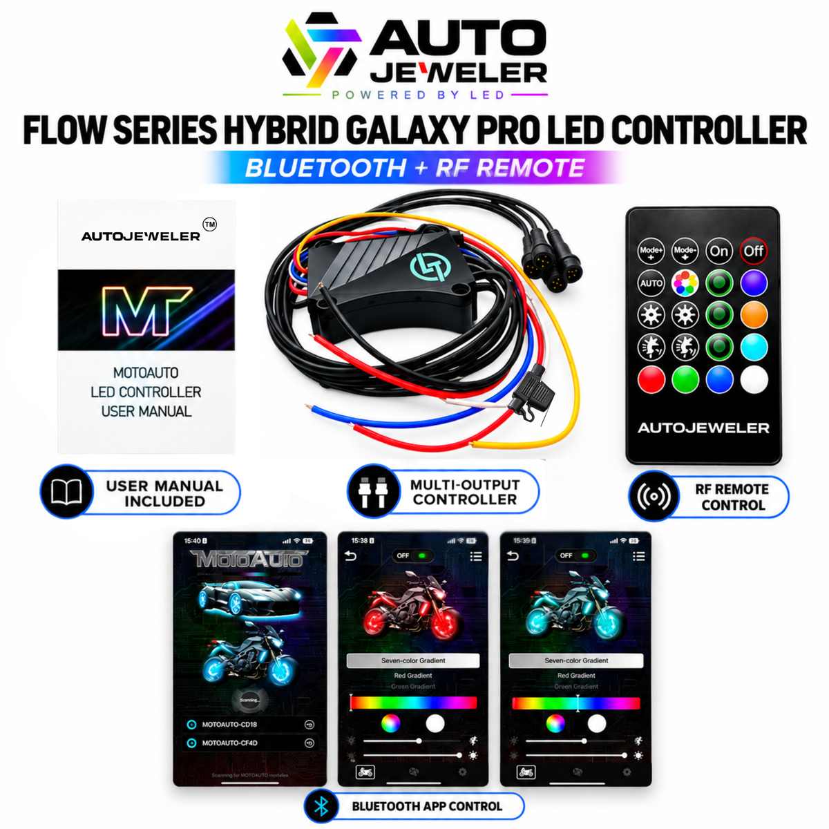 AutoJeweler Flow Series Hybrid Galaxy Pro LED controller with multi-output wiring, Bluetooth app control, RF remote, and included MotoAuto user manual.