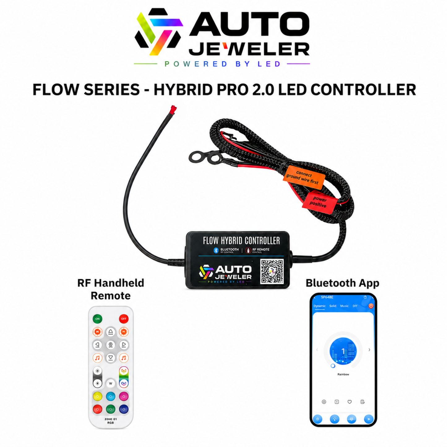 AutoJeweler 12V RGB Flow Series Hybrid Pro 2.0 LED Controller Kit on a white background with included RF handheld Remote, and Bluetooth App Control.