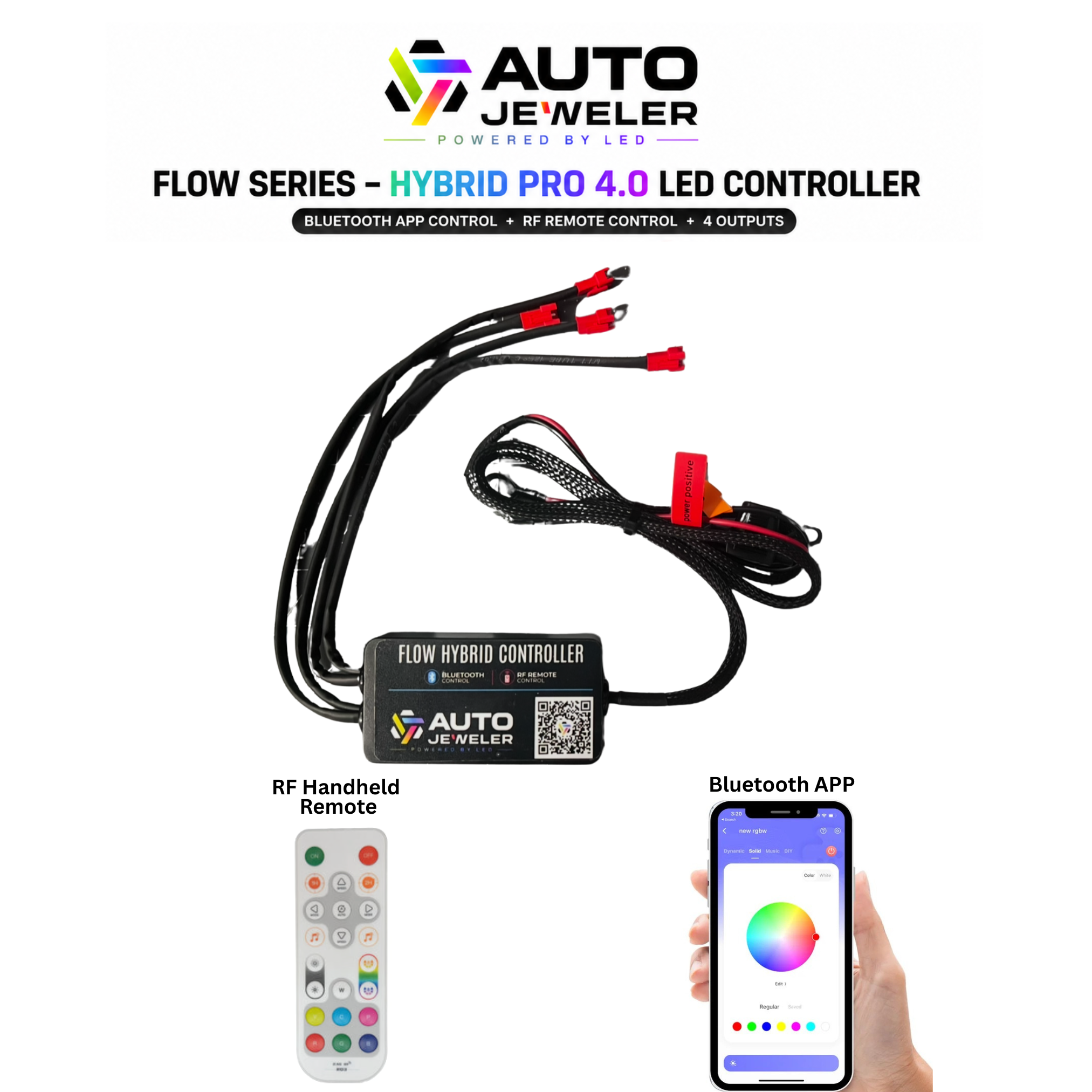 Auto Jeweler Flow Series Hybrid Pro 4.0 LED Controller shown with its wiring harness, handheld RF remote, and a smartphone displaying the Bluetooth app, on a white background.