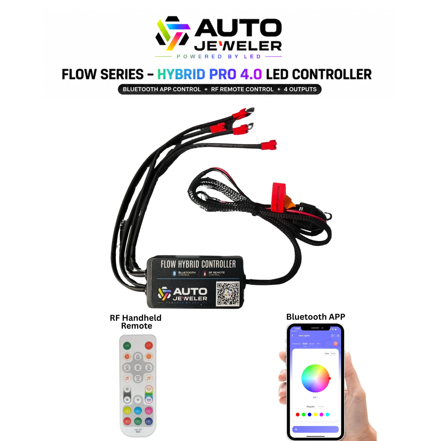 Auto Jeweler Flow Series Hybrid Pro 4.0 LED Controller shown with its wiring harness, handheld RF remote, and a smartphone displaying the Bluetooth app, on a white background.