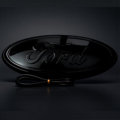 Gloss black Ford 9-inch emblem, power off, studio hero shot with subtle reflection