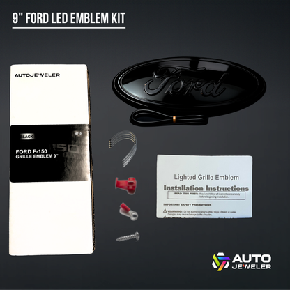 9-inch Ford LED emblem kit with packaging, emblem, installation instructions, and hardware on a dark background.