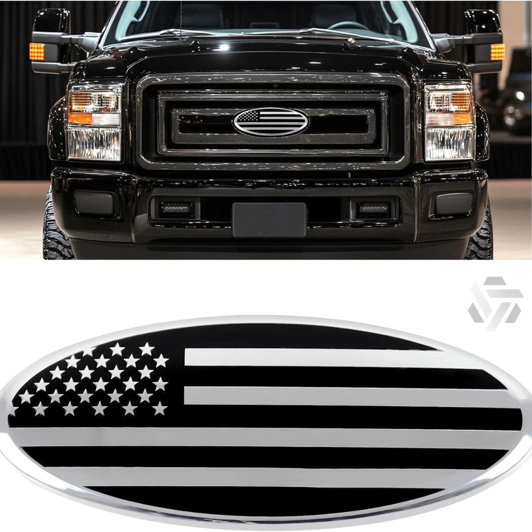 9” Chrome Oval Grille Emblem – White LED American Flag | Fits Most Ford Vehicles  Description: