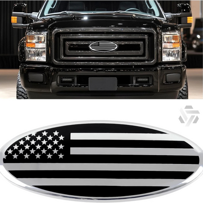 9” Chrome Oval Grille Emblem – White LED American Flag | Fits Most Ford Vehicles  Description: