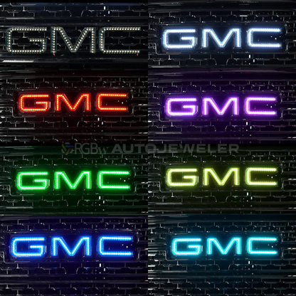 AutoJeweler GMC RGBW grille emblem shown in eight different LED color modes