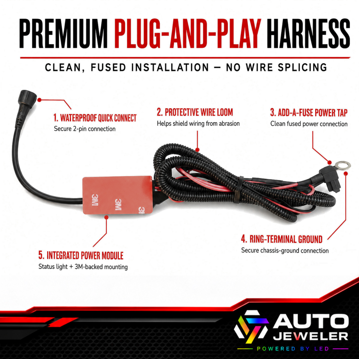 AutoJeweler illuminated Chevrolet bowtie wiring harness feature guide with quick connector, protective loom and power connections