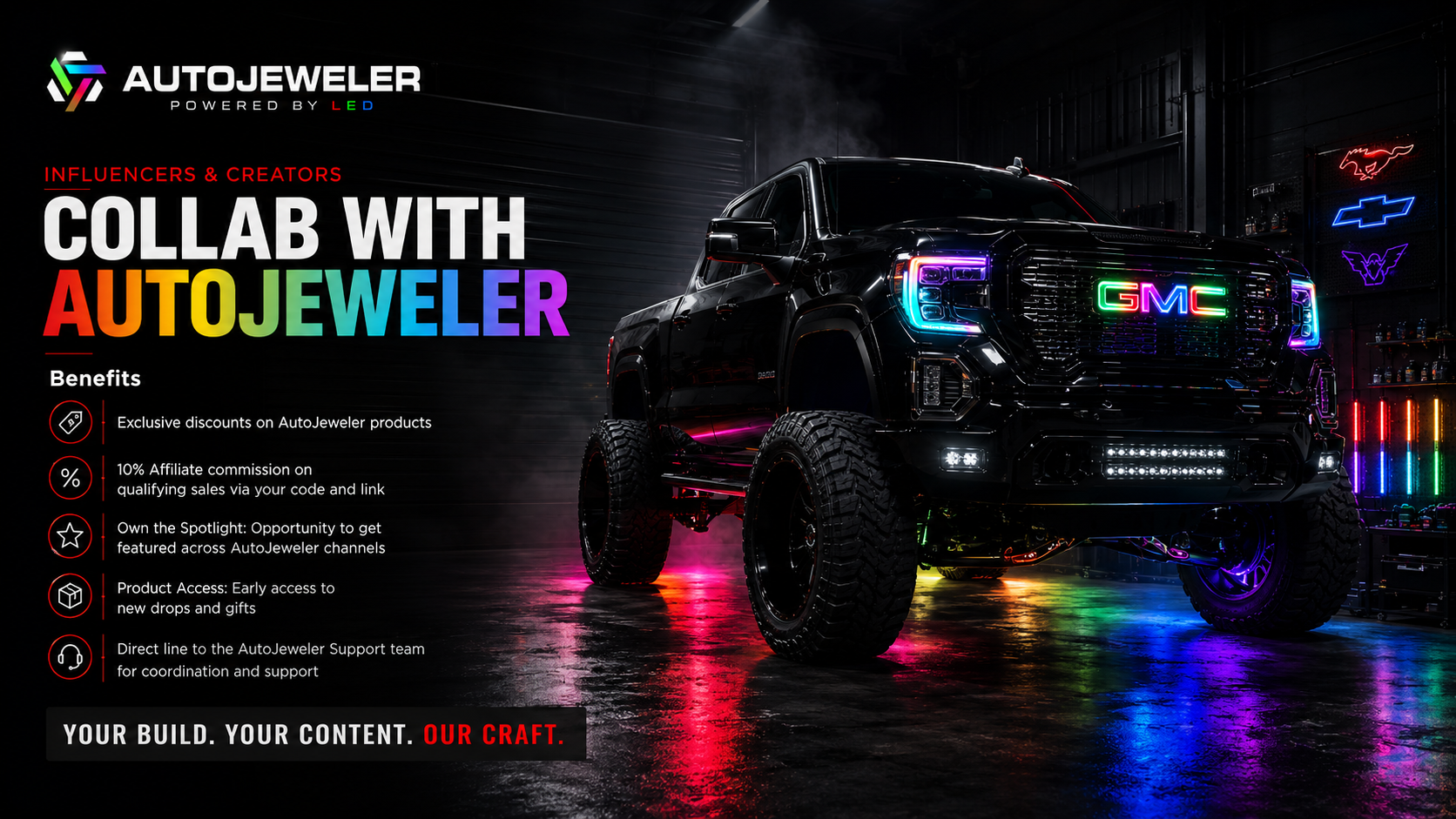 AutoJeweler influencer and creator program hero image featuring a lifted black GMC truck with RGB Flow Series grille emblem, color-changing lighting, underglow, and creator collaboration benefits.