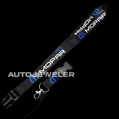 Black lanyard with Mopar branding on a white background