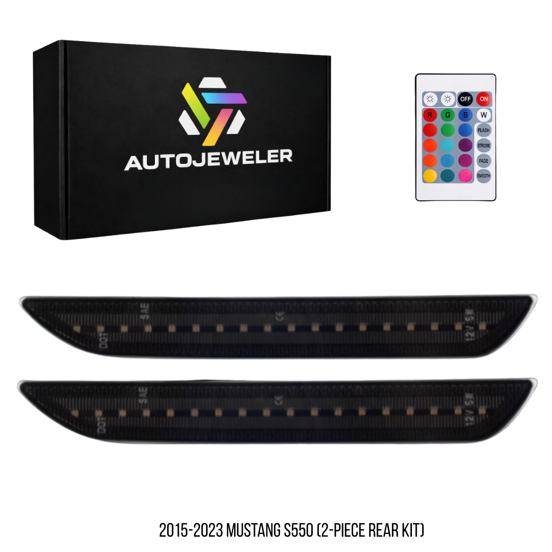 AutoJeweler RGB LED rear side marker lights for 2015–2023 Mustang S550 (2-piece rear set) with smoked lenses and remote control.