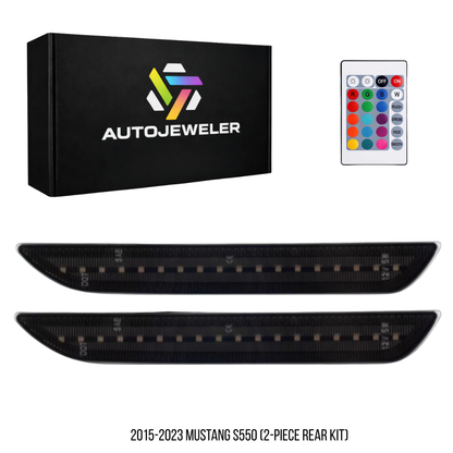 AutoJeweler RGB LED rear side marker lights for 2015–2023 Mustang S550 (2-piece rear set) with smoked lenses and remote control.