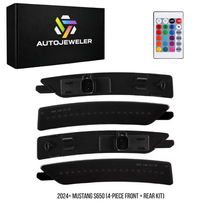 AutoJeweler RGB LED side marker lights kit for 2024+ Mustang S650 (4-piece front + rear set) with smoked lenses and remote control.