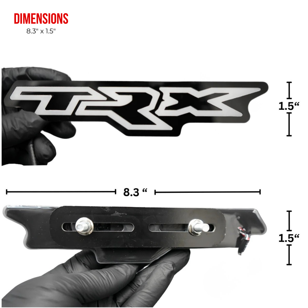 TRX LED grille badge dimensions showing 8.3 inch length and 1.5 inch height