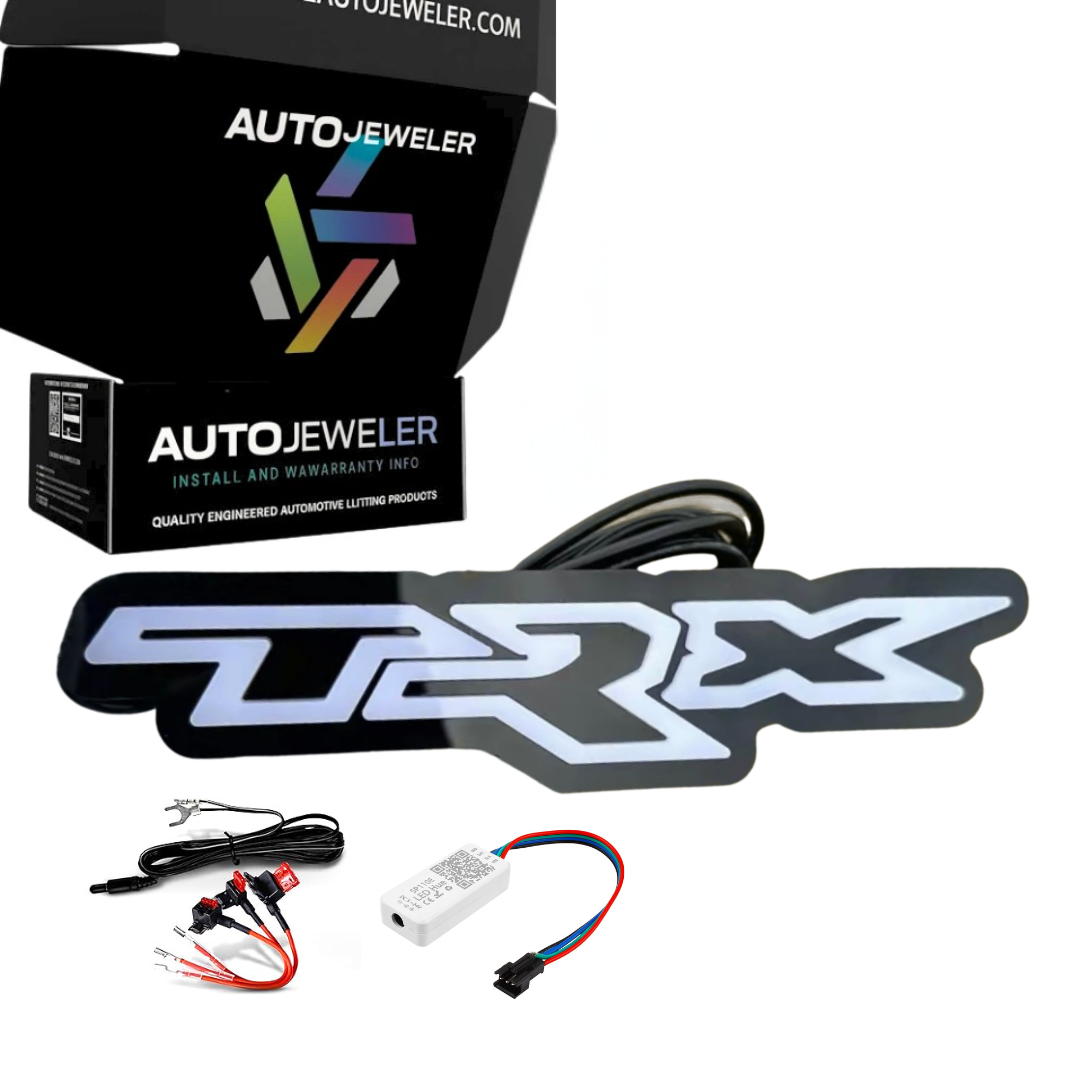 TRX LED grille badge kit including emblem, wiring harness, Bluetooth controller, and AutoJeweler packaging