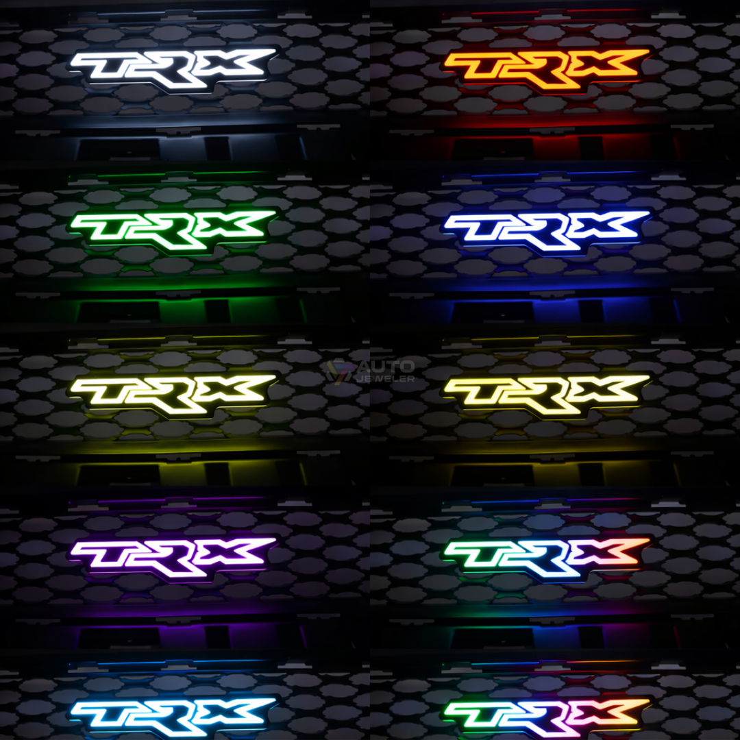 TRX LED grille badge displaying solid color LED modes including white, red, blue, green, and yellow