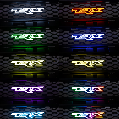TRX LED grille badge displaying solid color LED modes including white, red, blue, green, and yellow