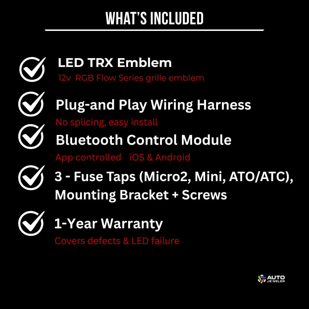 What is included with the TRX LED grille badge kit including wiring harness, fuse taps, Bluetooth module, and warranty
