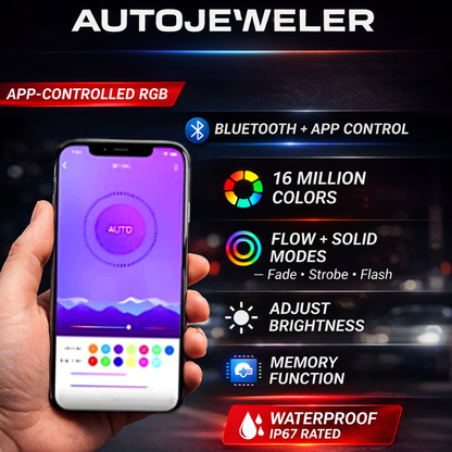 RGB LED grille emblem with Bluetooth app control showing 16 million colors, lighting modes, brightness adjustment, and memory function