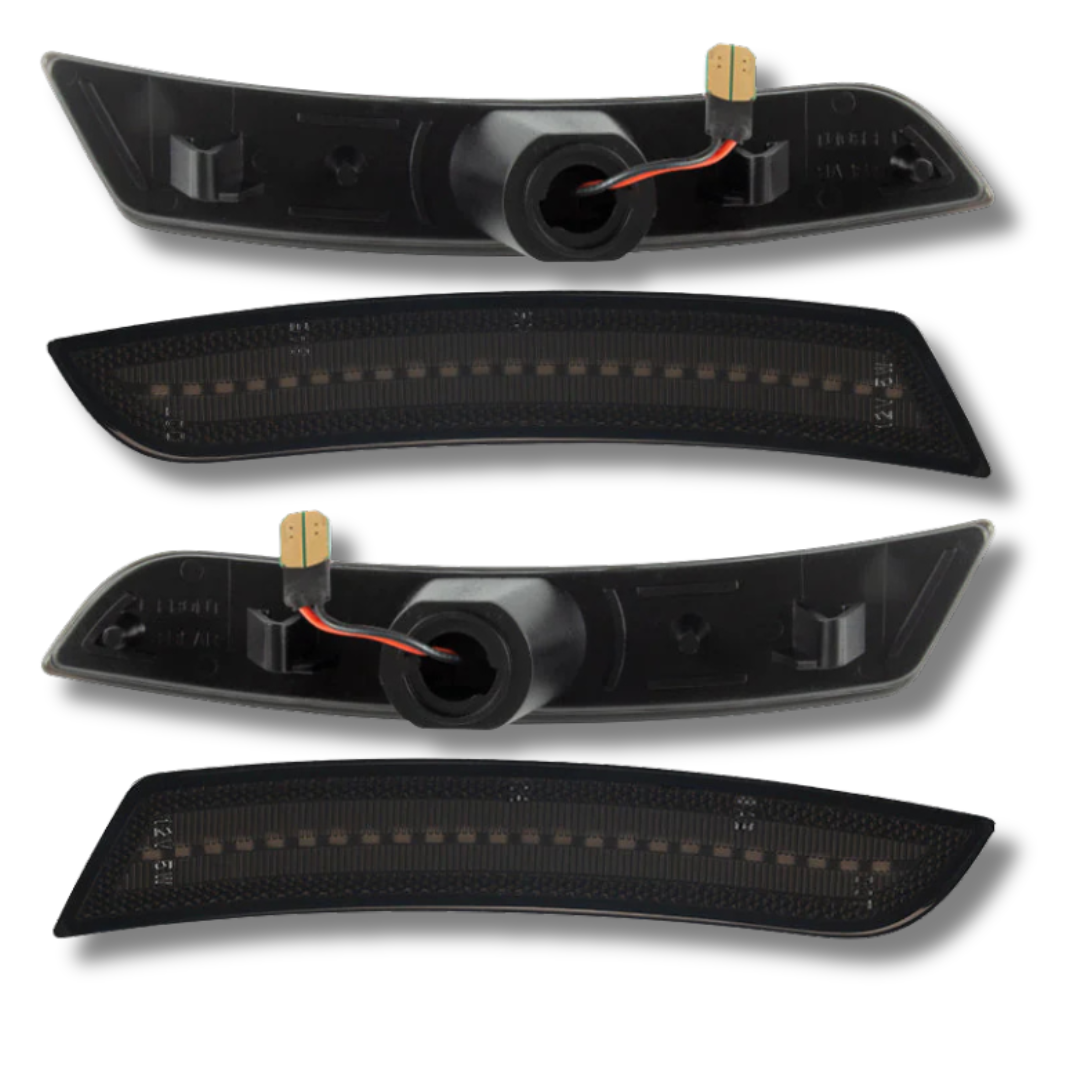 AutoJeweler RGB LED side marker lights rear housing and wiring showing OEM plug and play connections