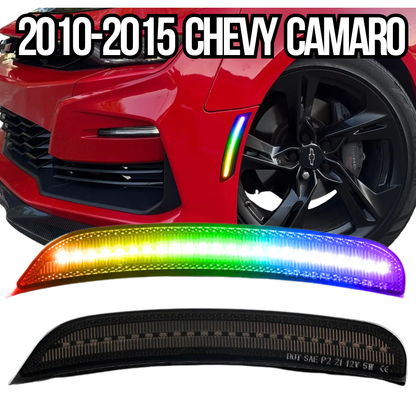 AutoJeweler RGB LED side marker lights installed on 2010–2015 Chevy Camaro showing smoked lens RGB illumination