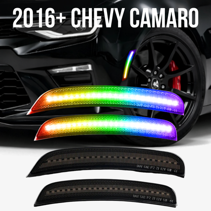 AutoJeweler RGB LED side marker lights installed on 2016–2024 Chevy Camaro with smoked lens and multicolor lighting