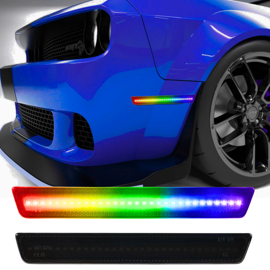 AutoJeweler RGB LED side marker lights installed on blue Chevy Camaro with smoked lens RGB lighting