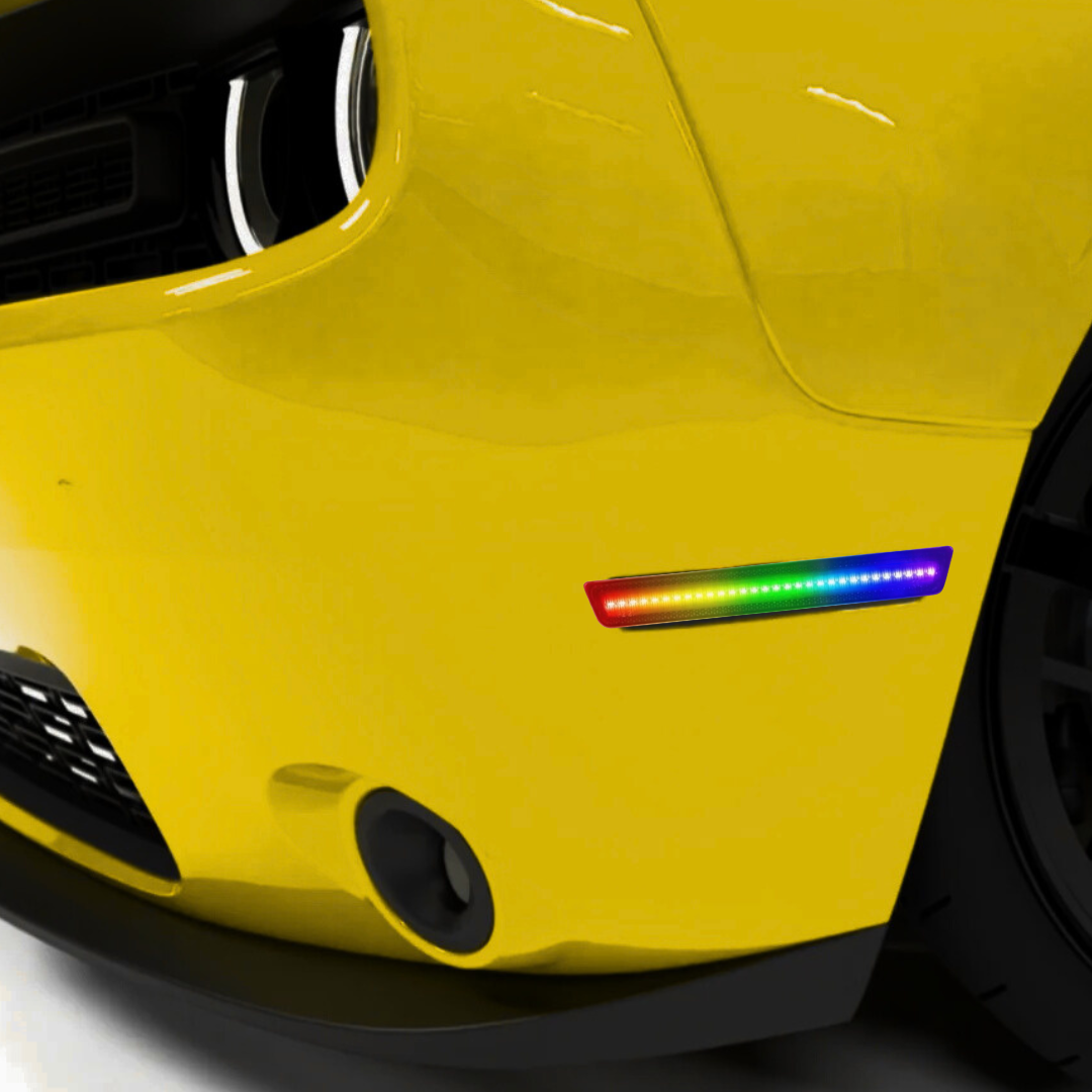 Close-up of AutoJeweler RGB LED side marker lights installed on Chevy Camaro front fender