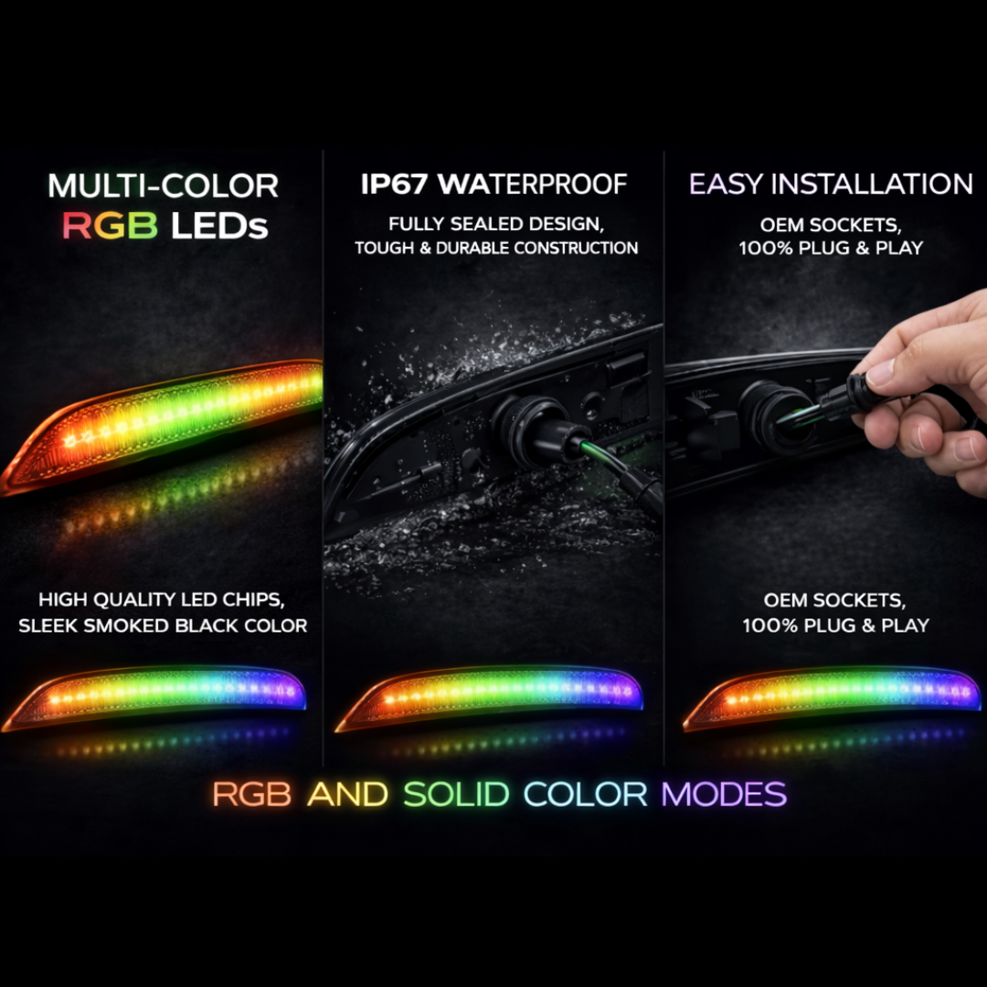 AutoJeweler RGB LED side marker lights for Chevy Camaro showing RGB colors, IP67 waterproof design, and plug and play installation