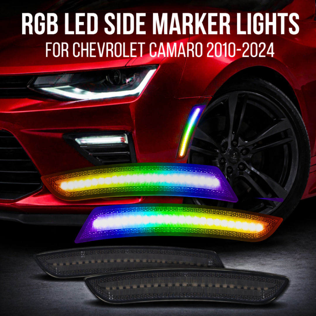 AutoJeweler RGB LED side marker lights for Chevy Camaro 2010–2024 with smoked lens and multicolor lighting