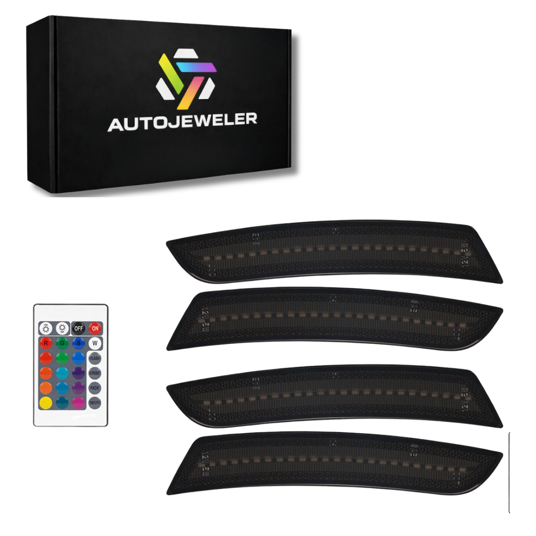 AutoJeweler RGB LED side marker lights 4-pack kit with smoked lenses, remote control, and AutoJeweler packaging