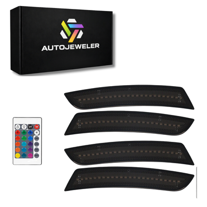 AutoJeweler RGB LED side marker lights 4-pack kit with smoked lenses, remote control, and AutoJeweler packaging