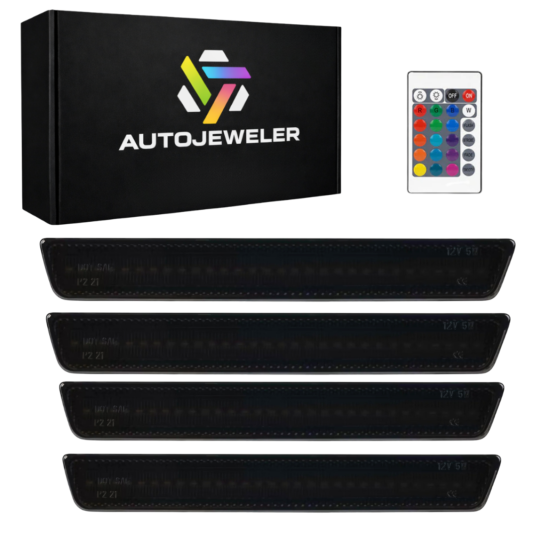 AutoJeweler RGB LED side marker lights 4-pack kit with smoked lenses, remote control, and AutoJeweler packaging