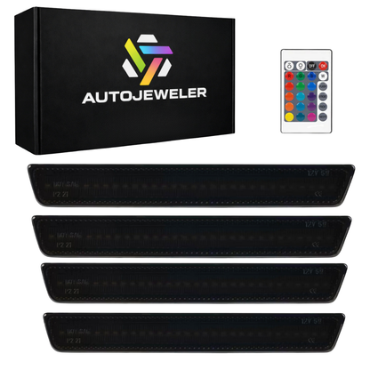 AutoJeweler RGB LED side marker lights 4-pack kit with smoked lenses, remote control, and AutoJeweler packaging